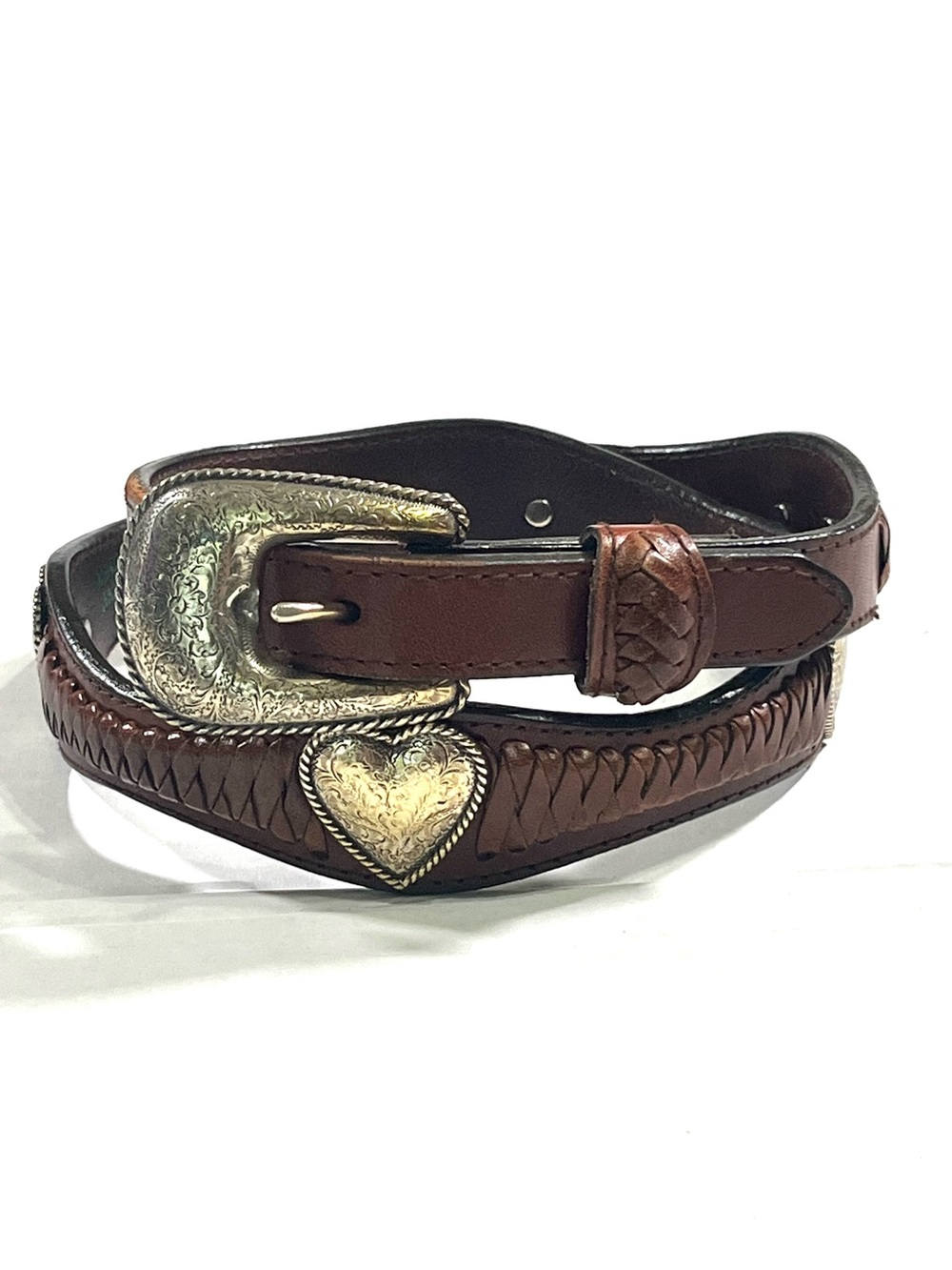 Brown Leather Western Belt with Silver Heart Accent